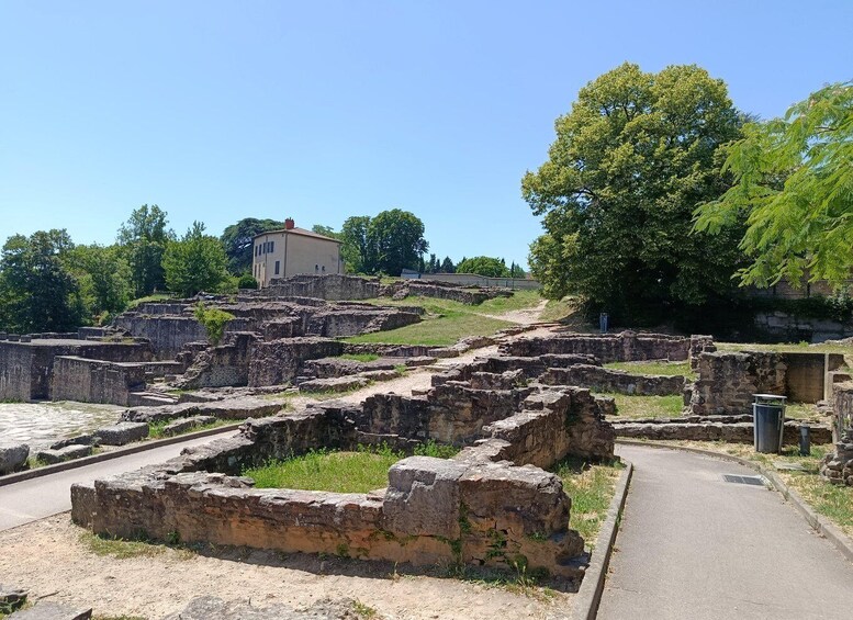 Ancient ruins with stone pathways and a building in the background. 4