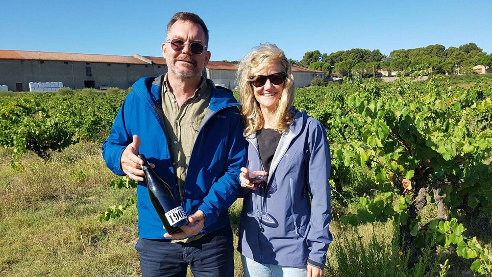 Two people standing in a vineyard with rows of grapevines. 3