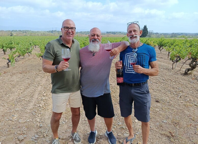 Three men standing in a vineyard holding wine glasses. 5