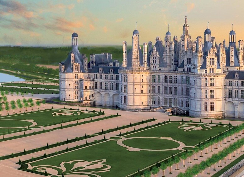 A grand château with intricate architecture and formal gardens. 1