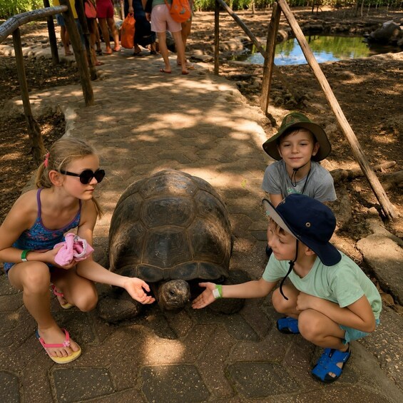 Two children interacting with a large tortoise on a paved path in a natural setting. 4