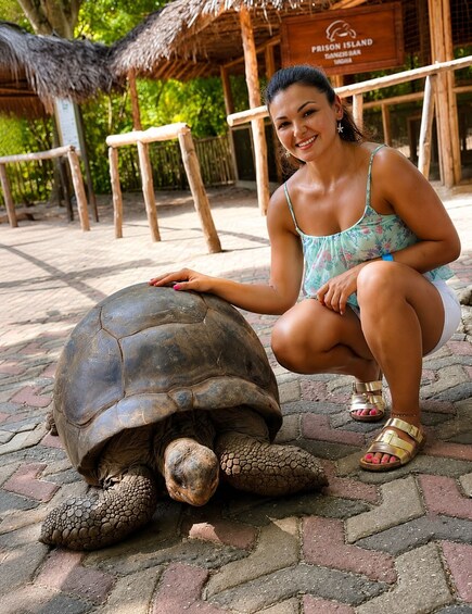 A person crouching next to a large tortoise on a paved area with a thatched-roof structure in the background. 2