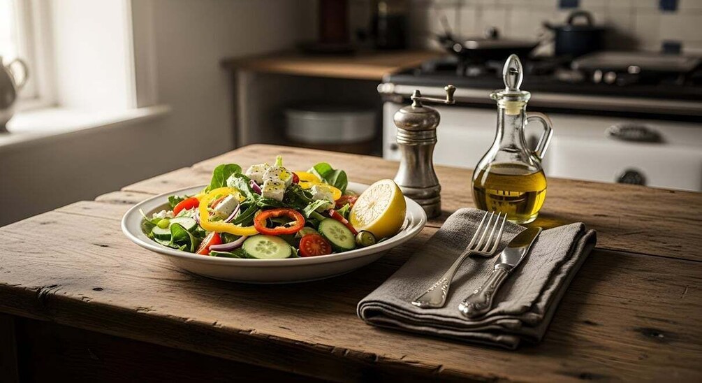 A wooden table with a salad, a lemon, and a bottle of olive oil. 1