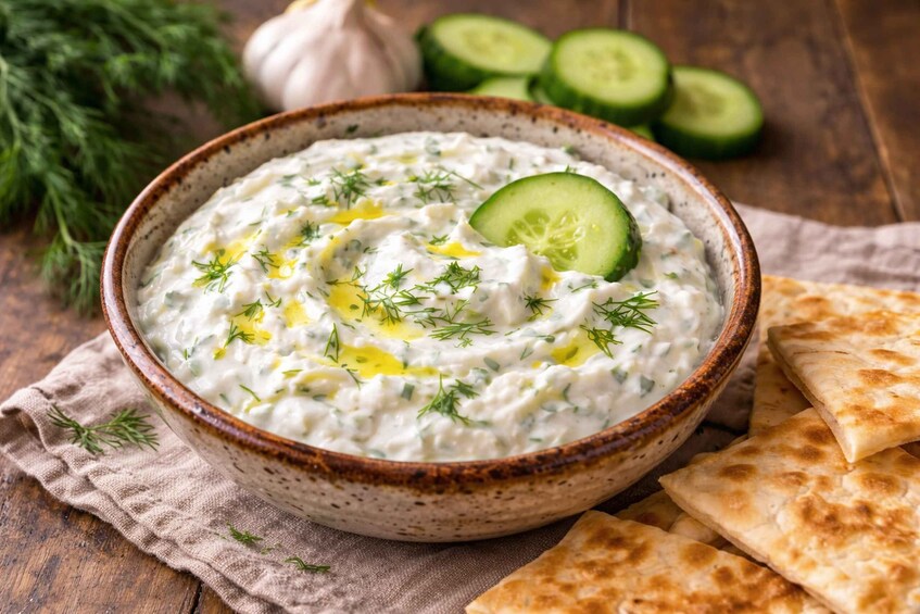 A bowl of tzatziki with cucumber slices and dill, accompanied by pita bread on a wooden table. 2