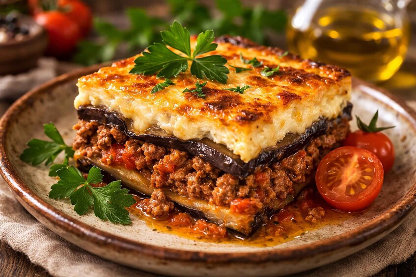 A layered dish with a golden-brown top, garnished with parsley, on a rustic plate. 3