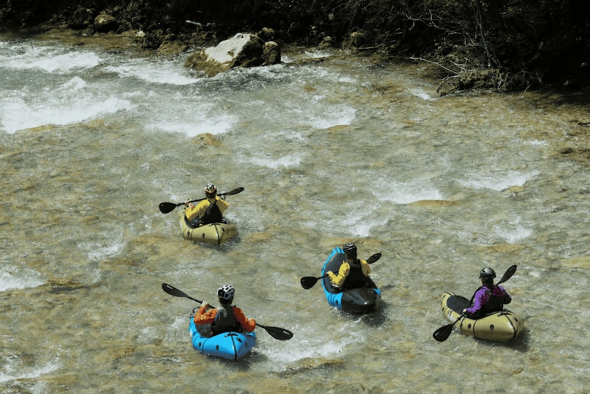 Four kayakers navigating a river with clear water. 4