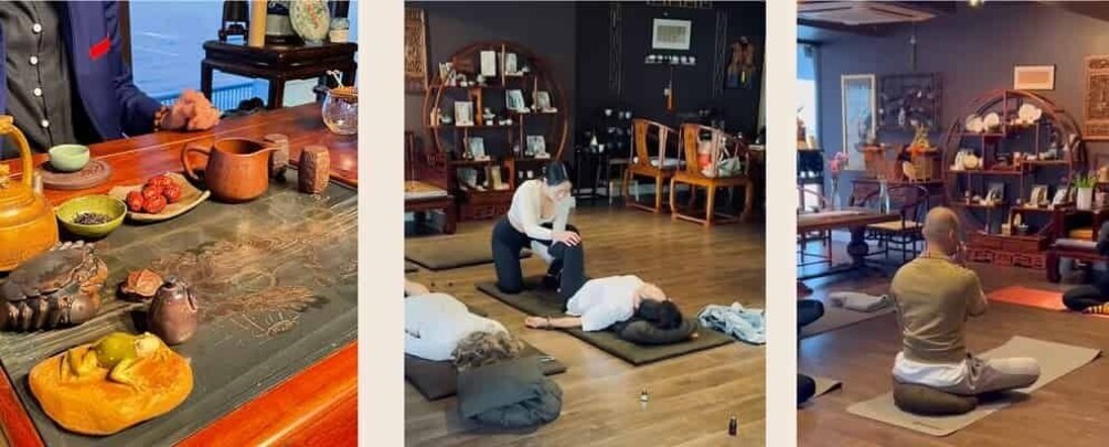 A room with tatami mats, a tea ceremony setup, and a bookshelf. 3