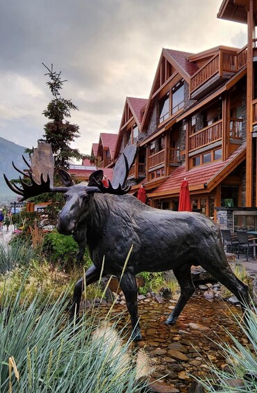 A moose statue in front of a lodge with a stone facade and wooden balconies. 4