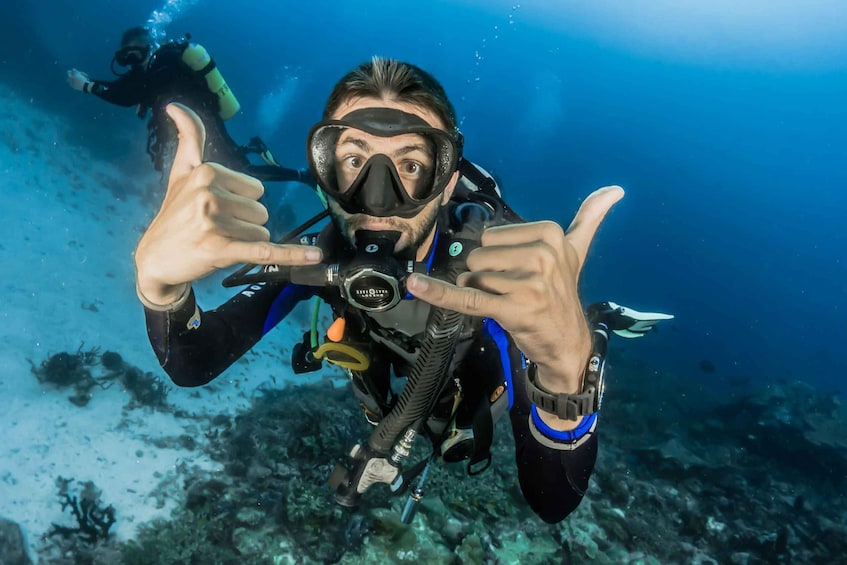A diver underwater, pointing thumbs up, with a scuba tank and fins. 5