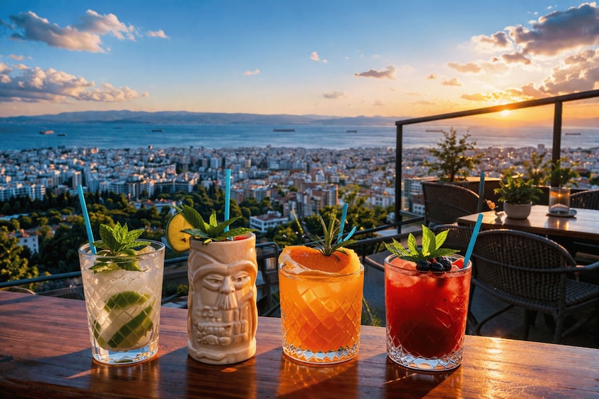 Three drinks on a table with a cityscape and sunset in the background. 1
