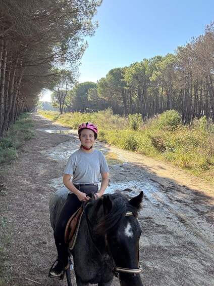 A person riding a horse on a dirt path surrounded by trees. 1