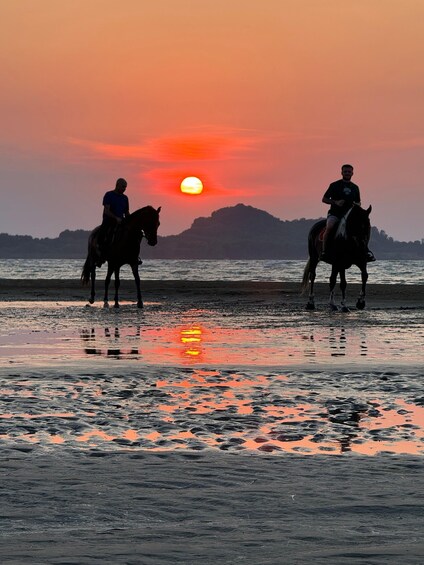 Two people riding horses on a beach at sunset with the sun visible in the sky. 4