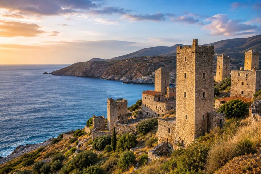 A coastal castle complex with multiple towers, surrounded by hills and the sea. 3