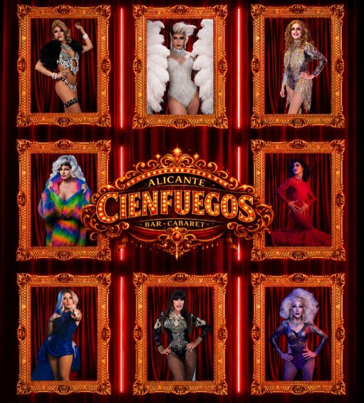 A series of framed portraits with a central sign reading 'Alicante Cienfuegos Bar Cabaret.' 1