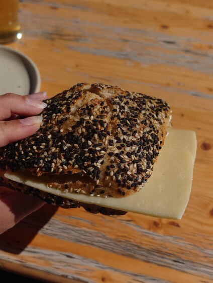 A hand holding a slice of multi-grain bread with cheese. 4