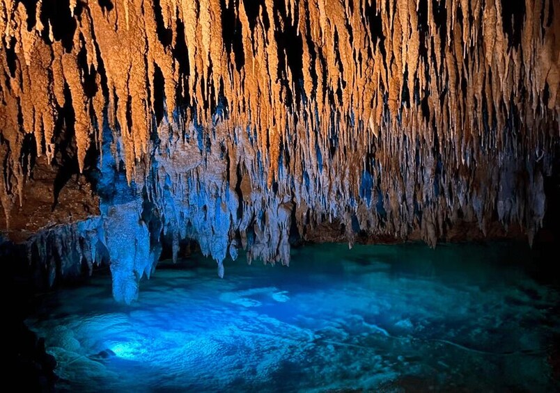 A cave with stalactites and stalagmites, illuminated by blue lighting. 2