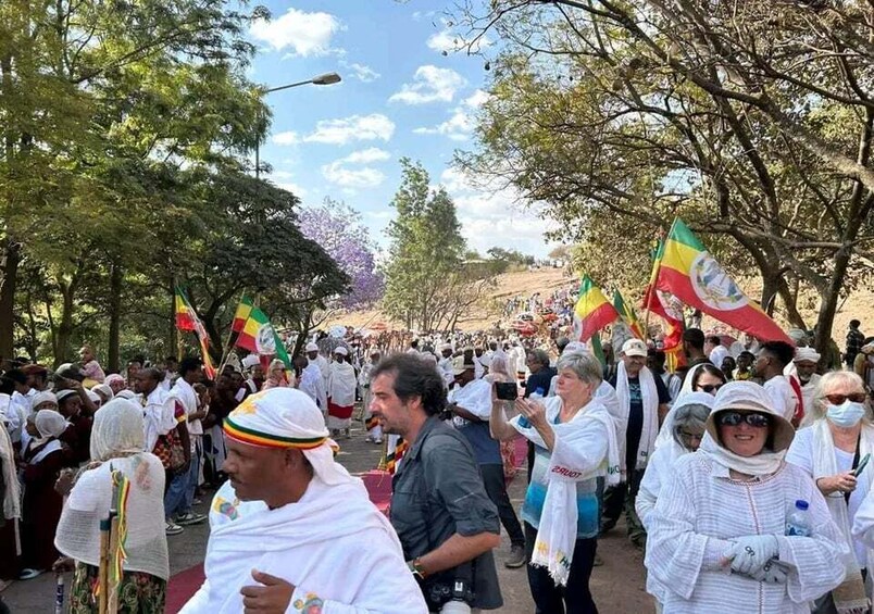 A crowd of people holding flags, walking along a tree-lined street. 3