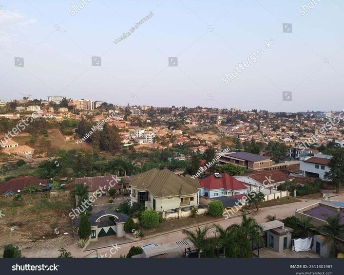 A residential area with houses, a mosque, and a hilly landscape in the background. 2
