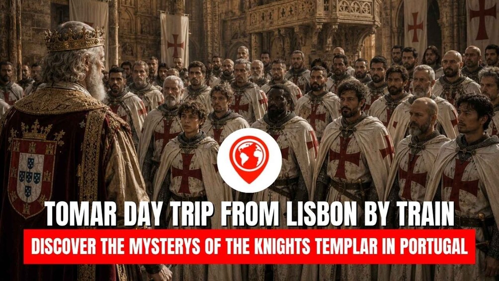 A historical reenactment with knights in armor and a king, set in a grand building with religious symbols. 4