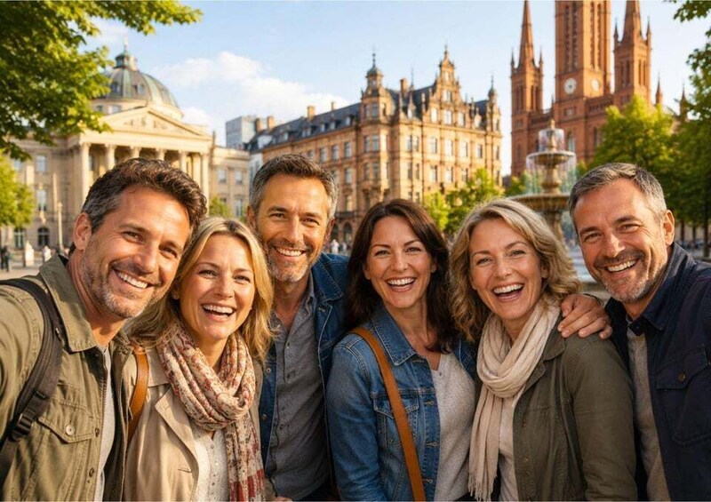 A group of people standing in front of a historic building with a large dome and spires. 3