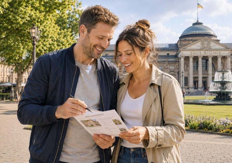 Two people examining a brochure in front of a historic building with columns and a dome. 5