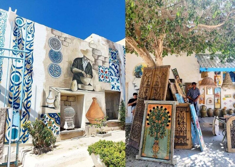 A building with blue and white tiles, a stone statue, and a tree in the background. 3