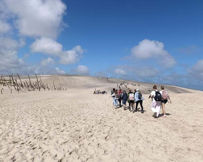 A group of people walking on a sandy beach with a clear sky. 5