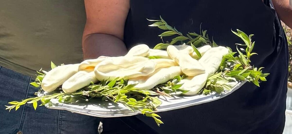 A person holding a tray with cheese and herbs. 1