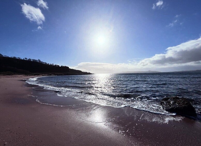 A beach with waves, a clear sky, and a sun reflecting on the water. 4