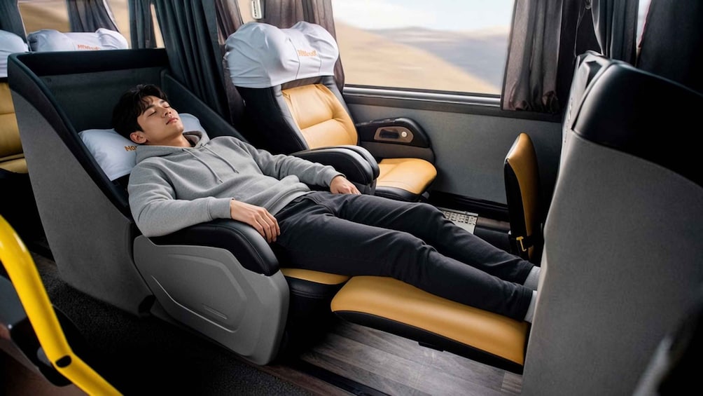 A reclining seat with a headrest and footrest, leather upholstery, and a window with a view of the landscape. 3