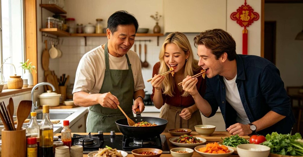 A kitchen with a wok on the stove, various dishes, and ingredients on the counter. 1