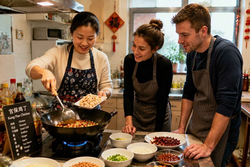 A kitchen with people cooking, various ingredients on the counter, and a sign indicating Kung Pao Chicken. 3