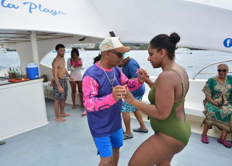 A boat with people dancing and a Facebook logo. 4