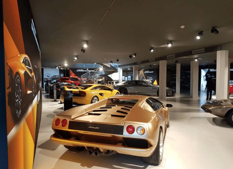 A car showroom with multiple luxury sports cars on display. 3
