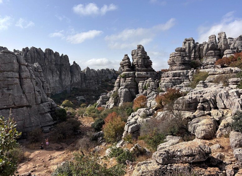 A rugged landscape with layered rock formations and sparse vegetation. 1