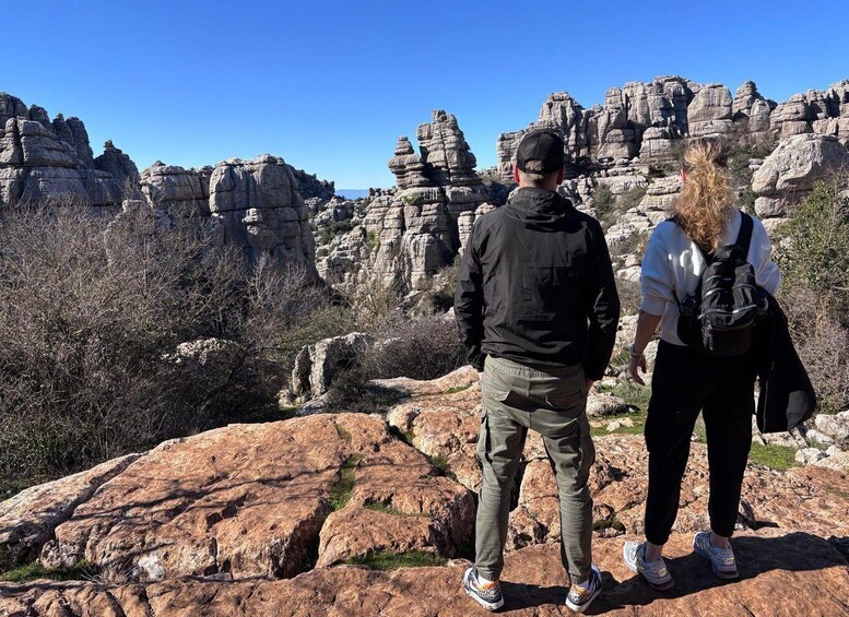 Two people standing on a rocky outcrop overlooking a rugged landscape with layered rock formations. 4