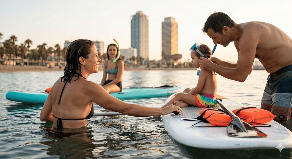 Mensen in water met surfplanken, een stadsachtergrond en een strand met palmbomen. 5