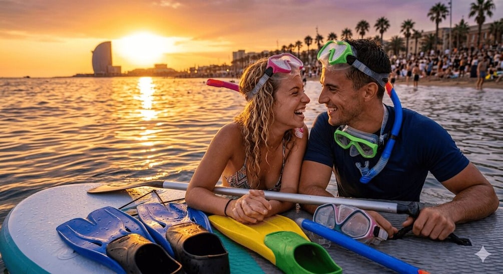 Een koppel op een paddleboard, met snorkeldobbelstenen, zonsondergang op de achtergrond, palmbomen en een gebouw in de verte. 4