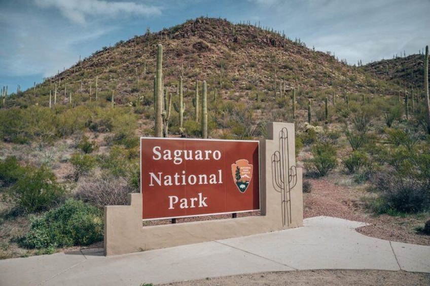 A sign for Saguaro National Park with a desert landscape in the background. 1