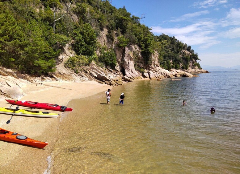 Kayaks on a sandy beach, people in the water, and a rocky cliff with trees. 2