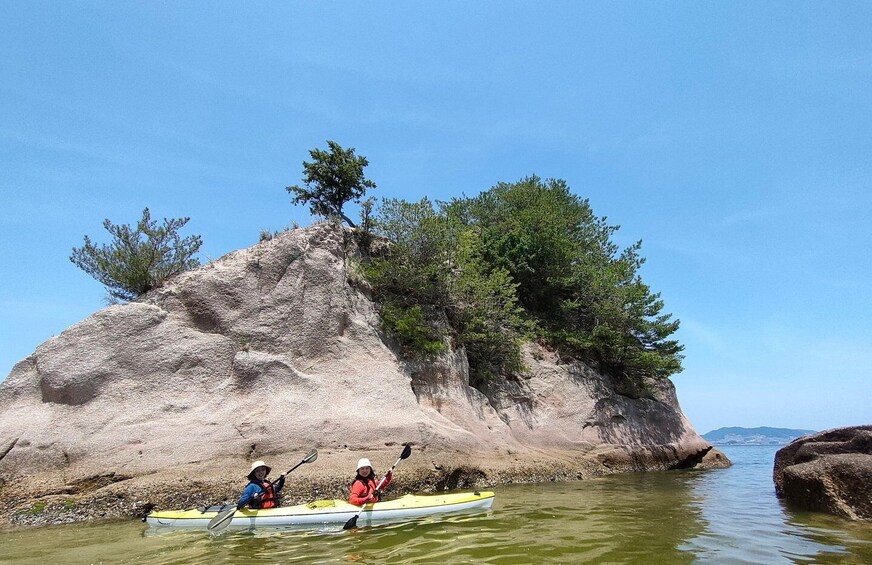 Two people kayaking near a large rock formation with trees. 3