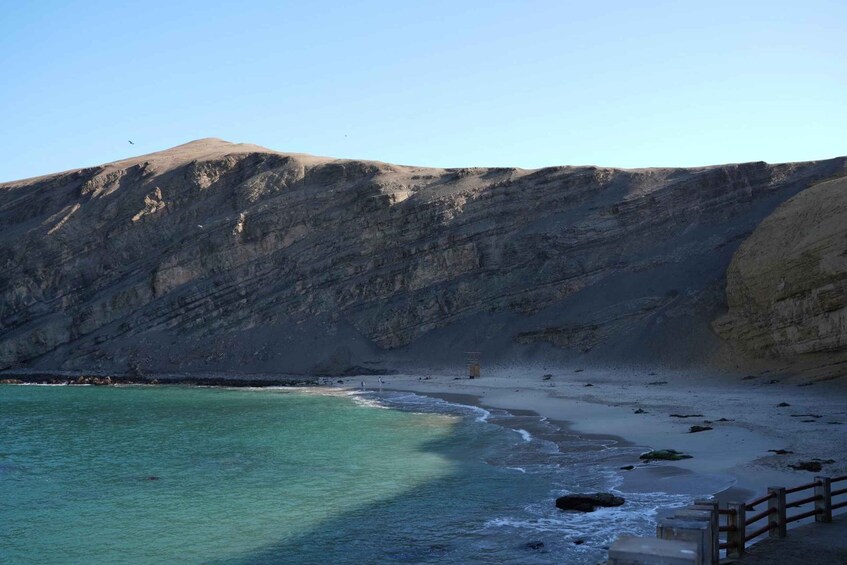 A coastal landscape with a beach, rocky cliffs, and a wooden fence. 2