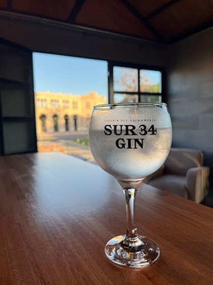 A SUR34 GIN glass on a wooden table with a view of a building through a window. 4