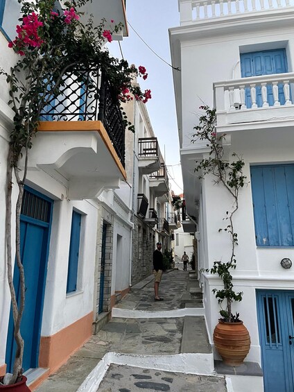 A narrow street with white buildings, blue doors, and pink flowers. 2
