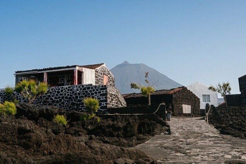 A stone house with a red roof, a mountain in the background, and a rocky path. 4