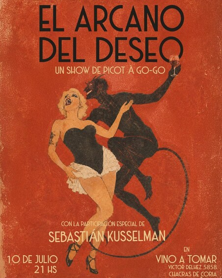 A poster for 'El Arcano del Deseo' with a dancing couple illustration, special participation by Sebastian Kusselman, and event details at Vino a Tomar on July 10th. 2