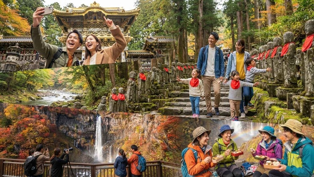 A temple, a waterfall, and people enjoying nature. 1