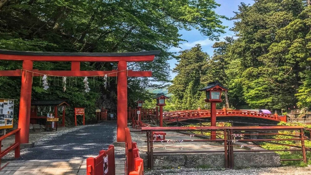 A traditional Japanese torii gate, a stone lantern, and a wooden bridge in a forested area. 2