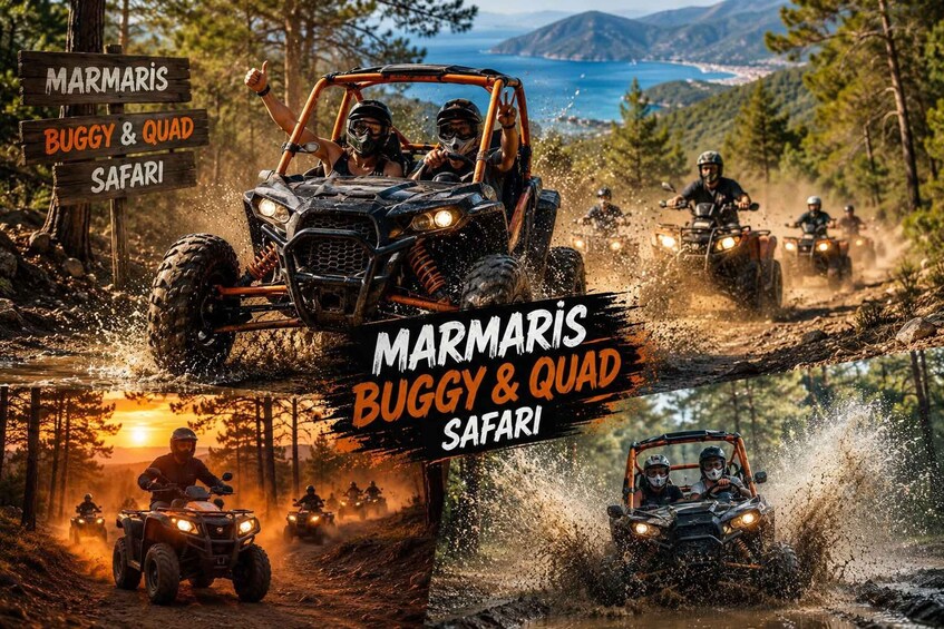 Off-road vehicles on a dirt path with a sign reading 'Marmaris Buggy & Quad Safari.' 1