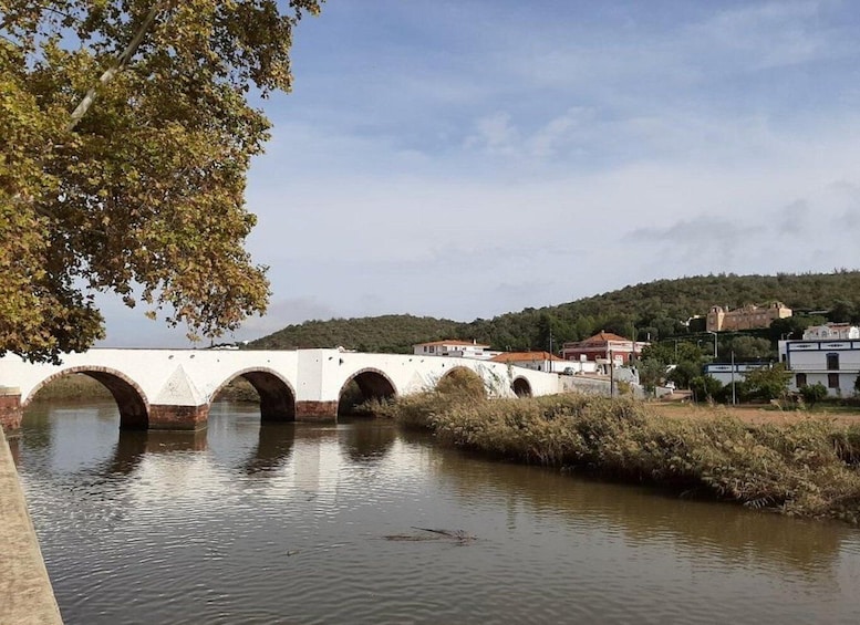 A white bridge with multiple arches over a calm river, surrounded by greenery and buildings. 4